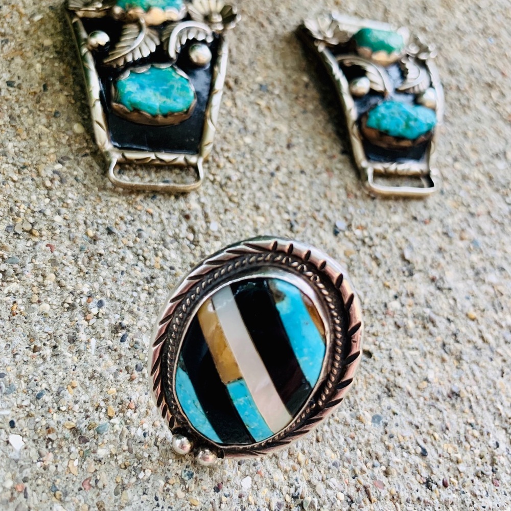 Zuni inlay Onyx, Turquoise and Mop SS Ring Large